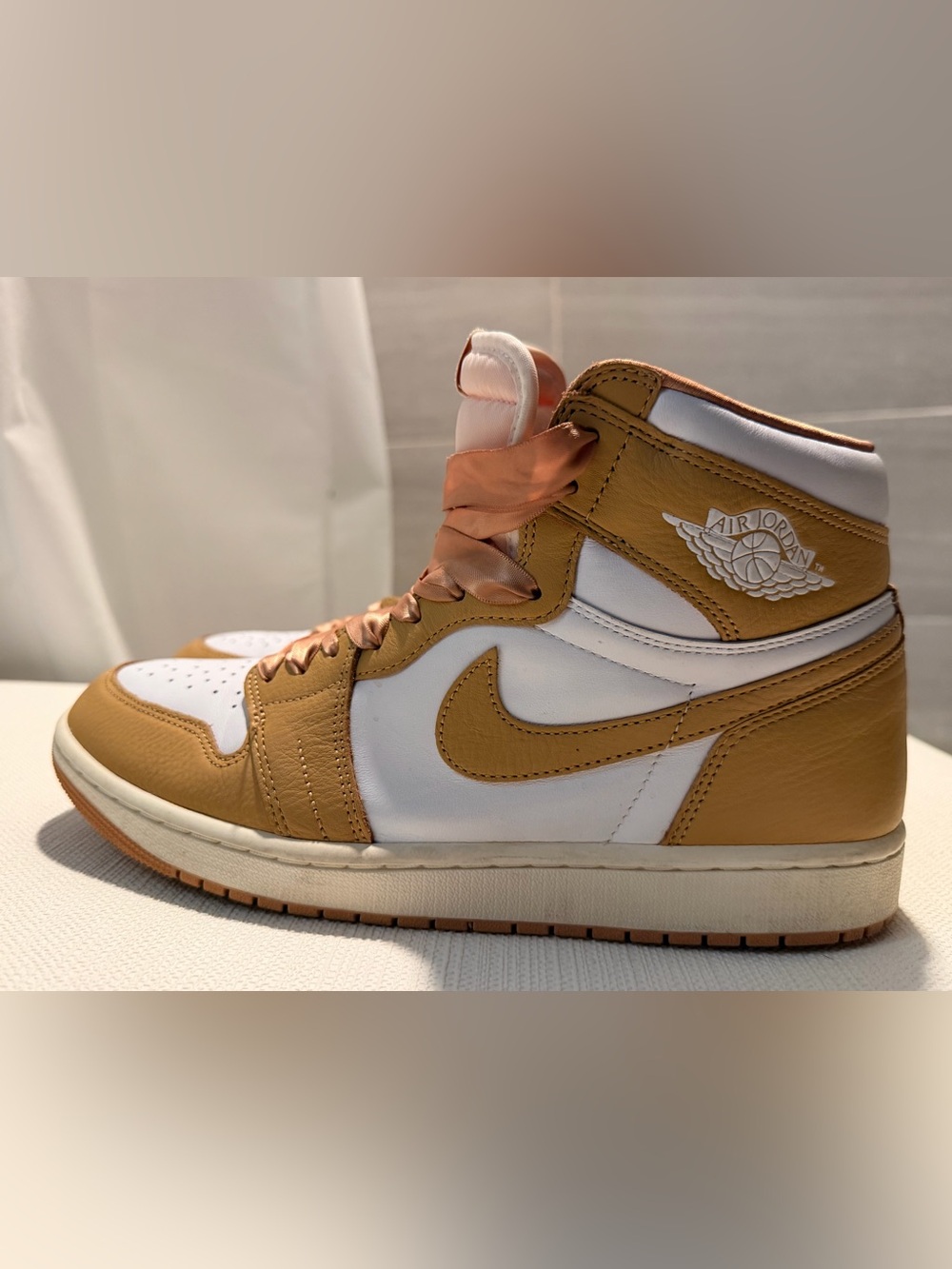 Nike Air Jordan 1 High Top Sneaker in Tan and White